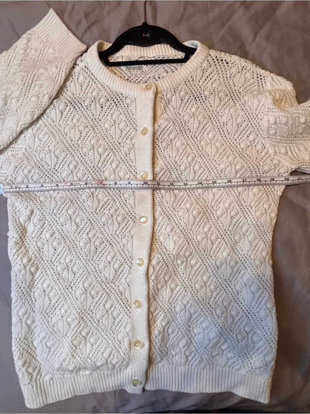 Vintage It’s Pure Gould Ivory Pointelle Cable Knit Cardigan Sweater Made USA